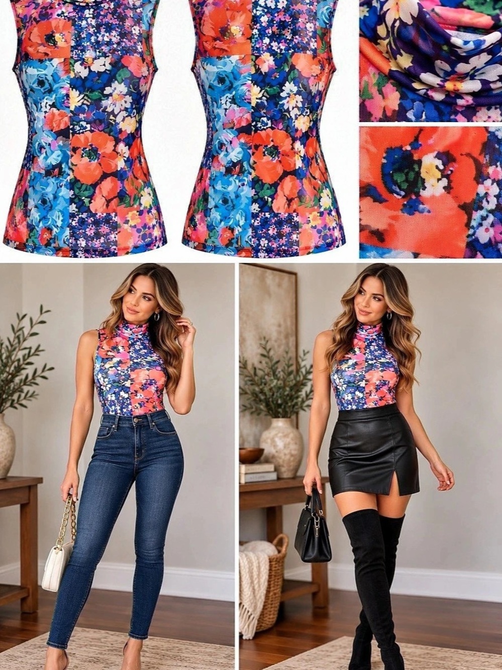 🌸 NWT AFRM Los Angeles Floral Patchwork Sleeveless Mock Neck Top – Size Large